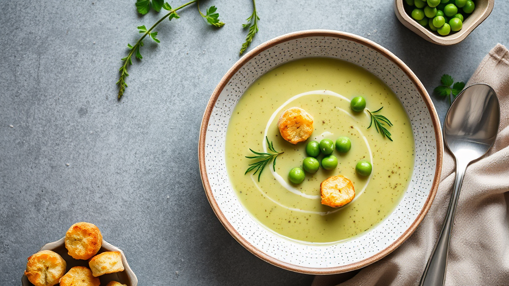 Creamy Pea and Potato Soup with Herb Croutons