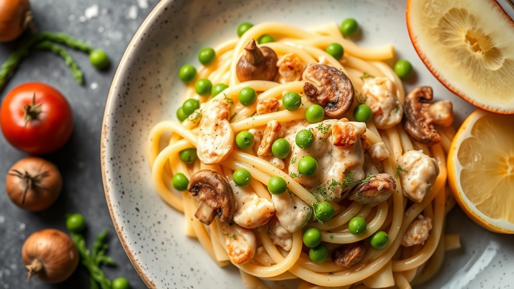 Creamy Pescatarian Pasta Bake with Peas and Mushrooms
