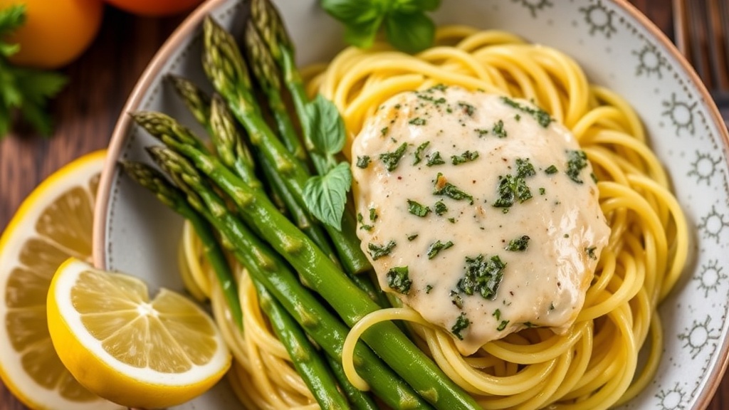 Creamy Pesto Chicken with Spaghetti Squash and Asparagus
