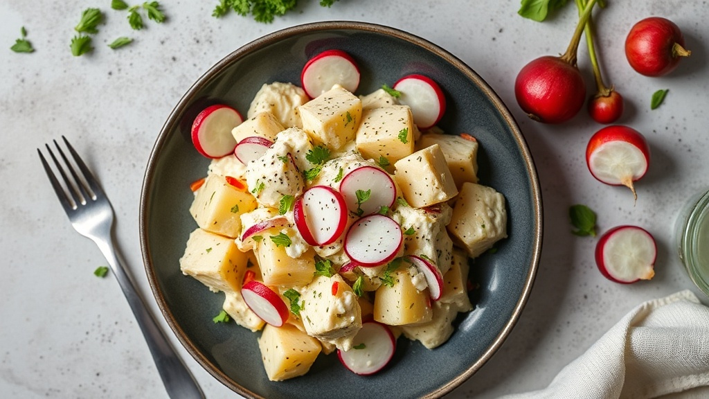 Creamy Potato Salad with Pickled Onions and Radishes