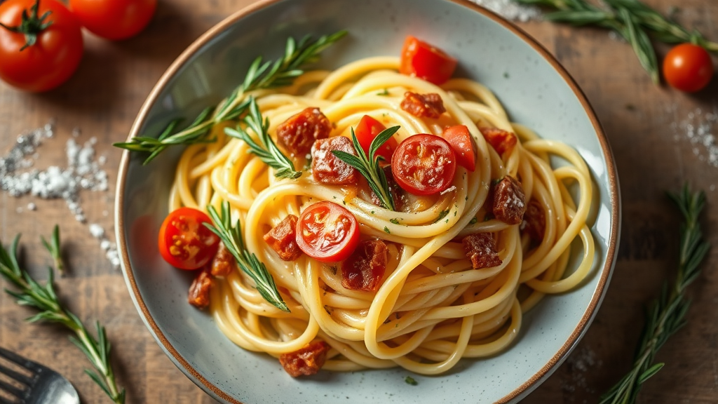 Creamy Potato-Bacon Pasta with Tomato and Rosemary