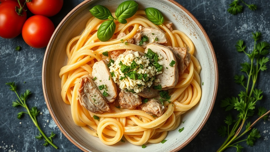 Creamy Rotisserie Chicken Elbow Noodles with Cheesy Herb Topping