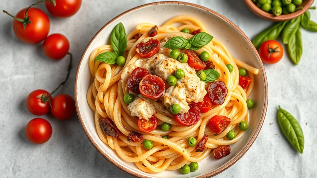 Creamy Sundried Tomato Chicken Pasta with Salami and Peas