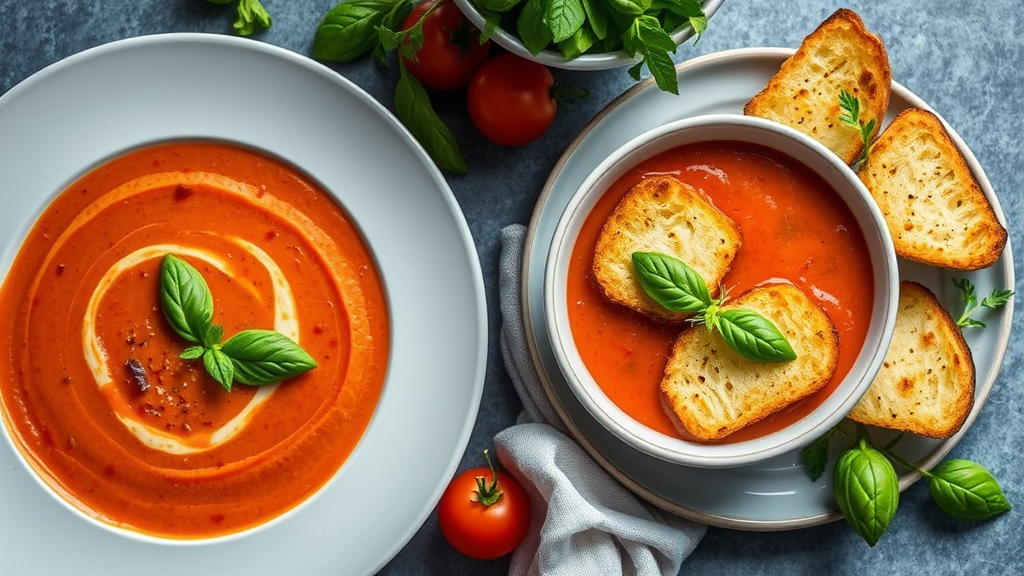 Creamy Tomato Basil Soup with Grilled Cheese Croutons