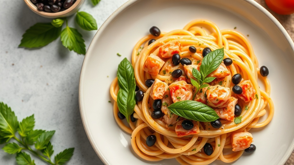 Creamy Tomato Pesto Pasta with Canned Salmon and Black Beans