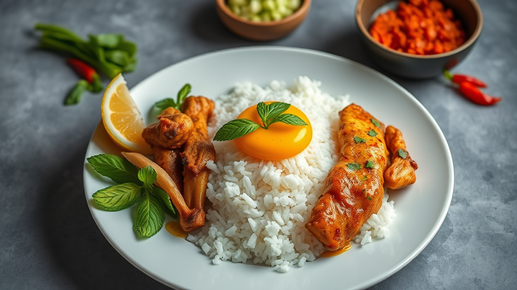 Creative Nasi Lemak with Coconut Rice and Spiced Chicken