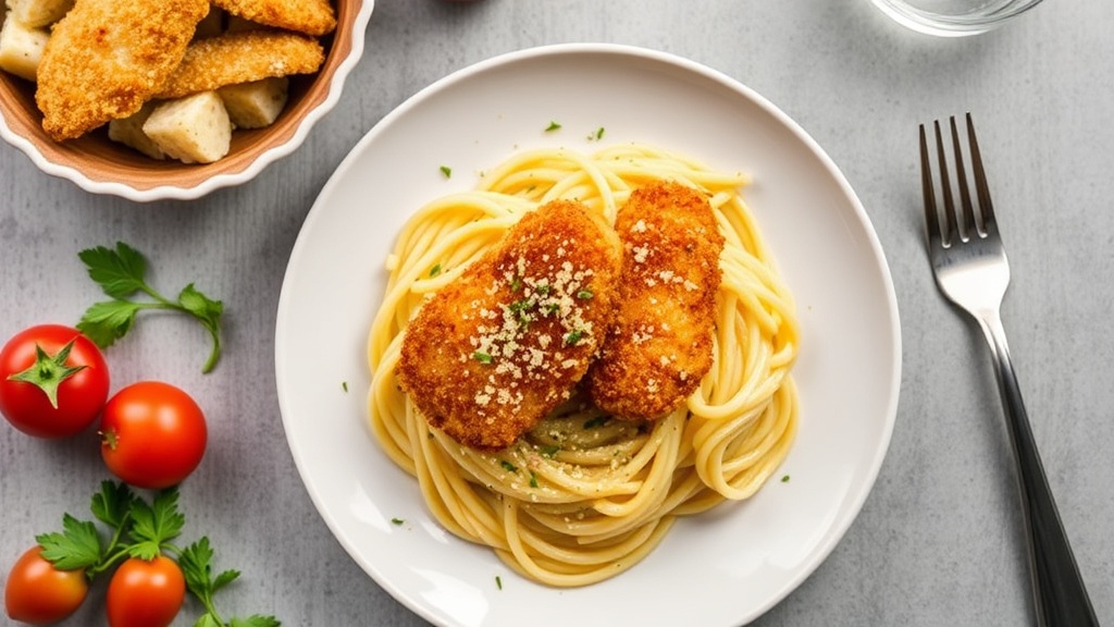 Crispy Breaded Chicken Tenders with Garlic Parmesan Pasta