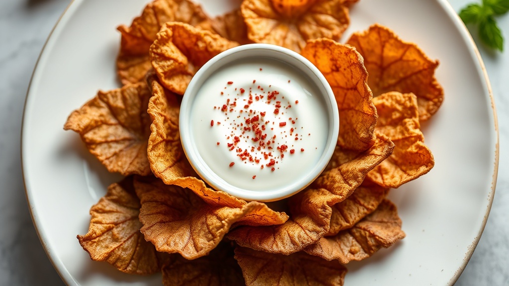 Crispy Mulberry Leaf Chips with Spiced Yogurt Dip