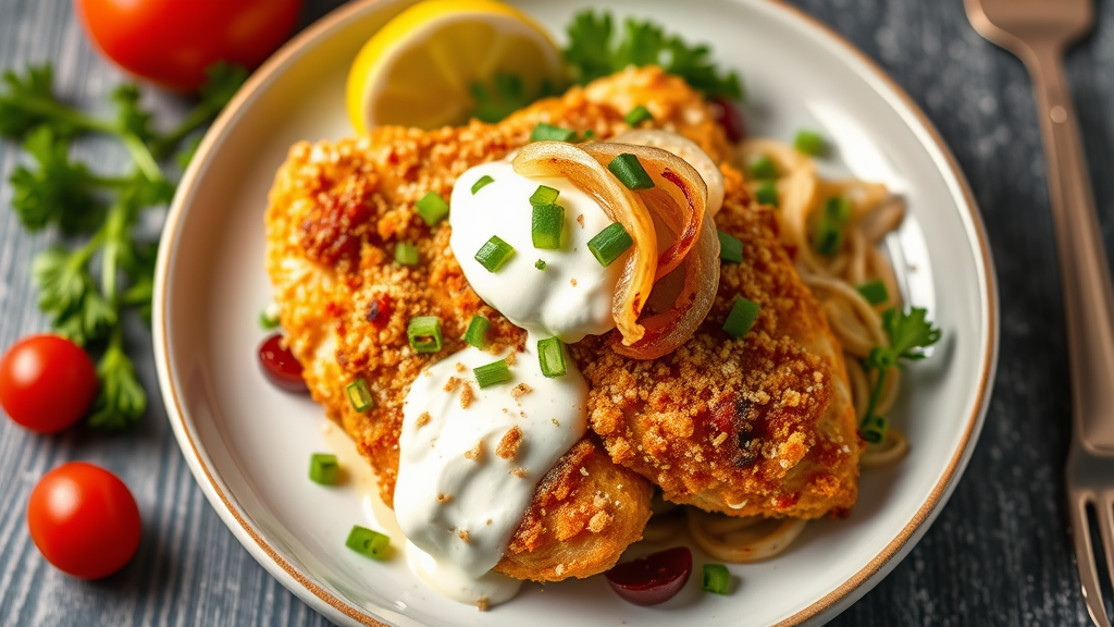 Crispy Parmesan Chicken with Sour Cream and Onion Topping