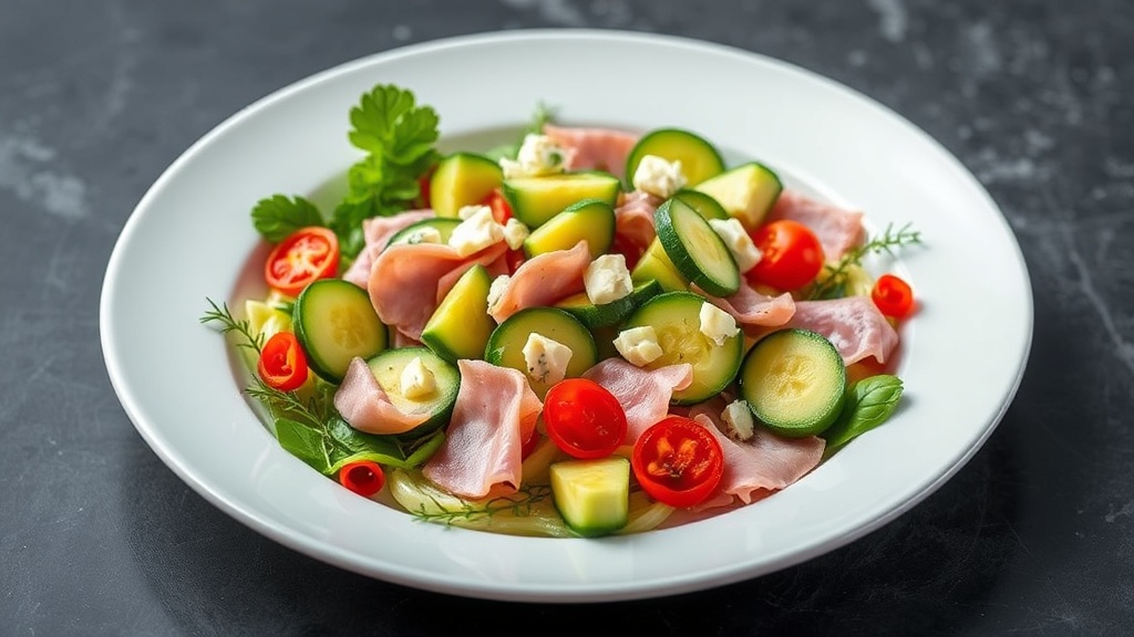 Cucumber, Ham, and Avocado Salad with Cheese and Bell Pepper