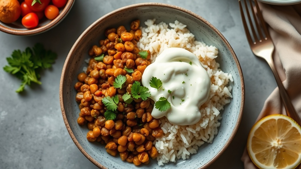 Cumin-Spiced Lentil and Rice Bowl with Greek Yogurt Drizzle