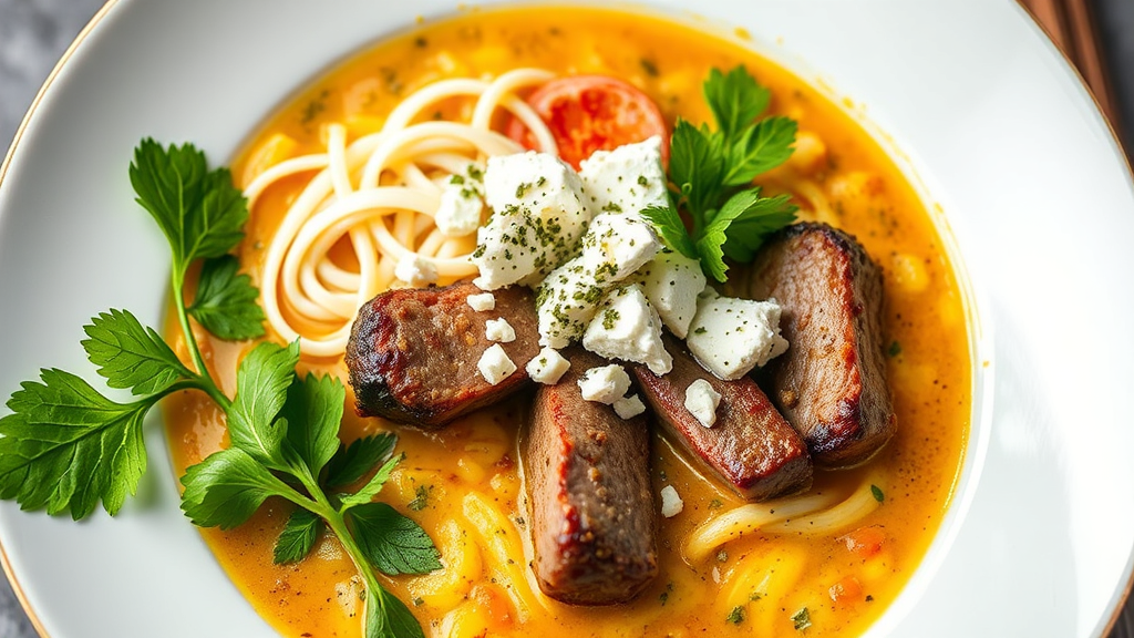 Curried Ramen with Varren Meat and Herbed Feta