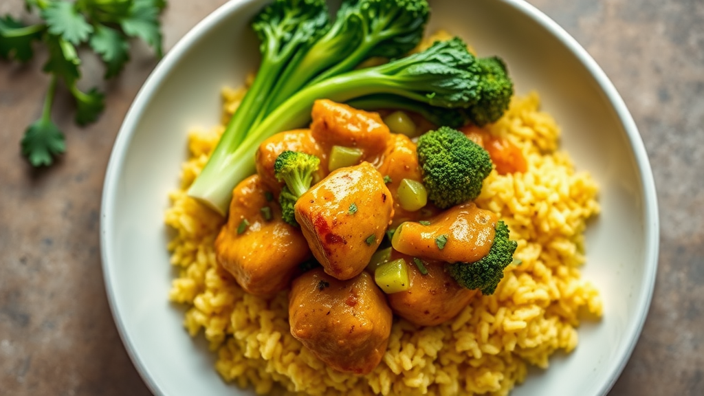 Curry Chicken with Broccoli and Bok Choy over Yellow Rice