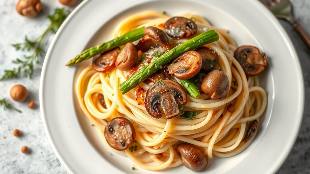Fettuccine with Asparagus, Mushrooms, and Caramelized Onions
