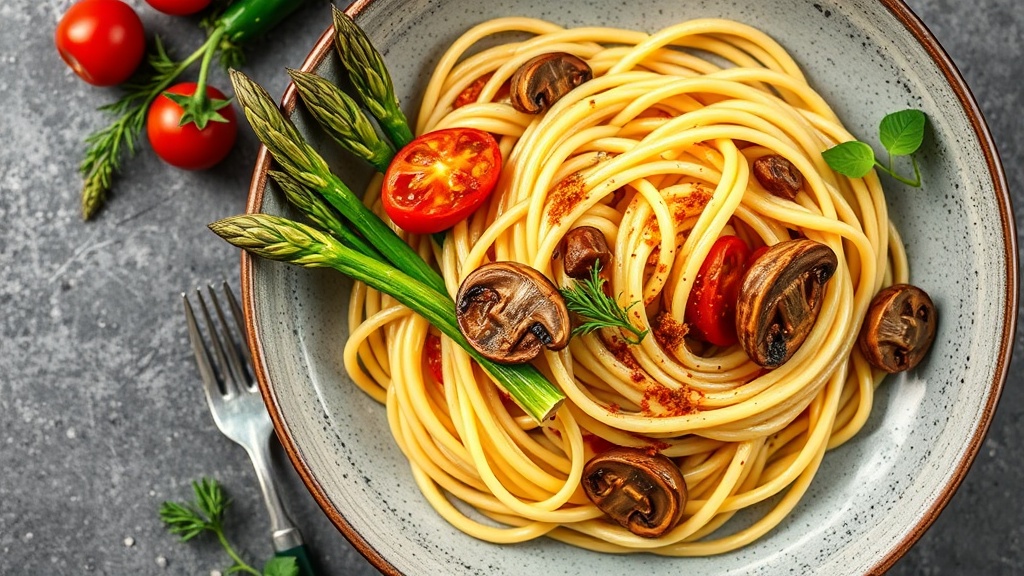 Fettuccine with Asparagus, Tomatoes, and Spicy Mushrooms