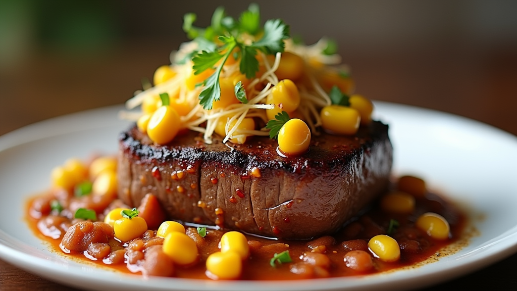 Filet Mignon with Spicy Street Corn and Refried Beans