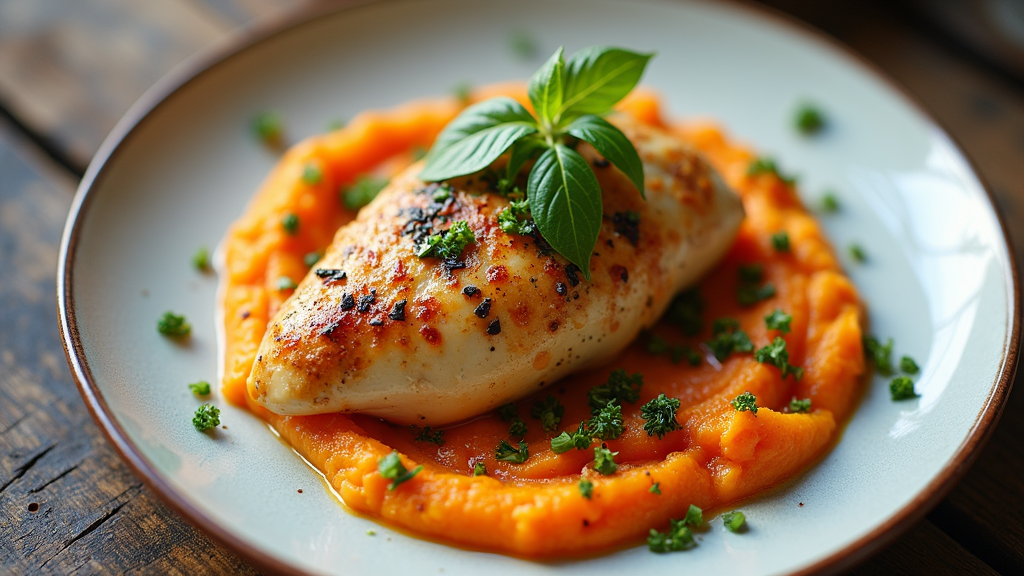 Garlic Butter Chicken with Sweet Potato Mash