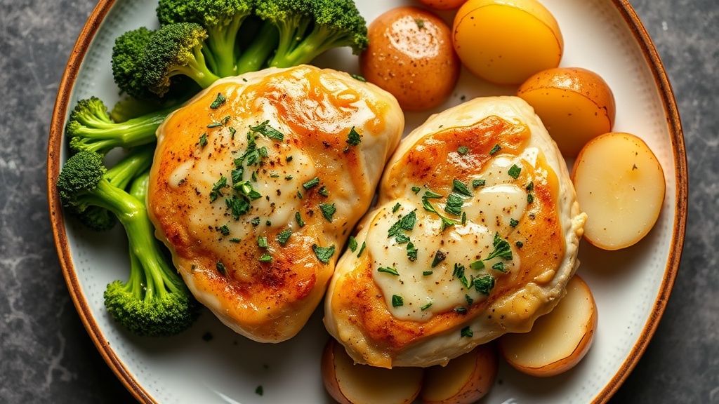 Garlic Cheese Chicken Thighs with Broccoli and Baby Potatoes
