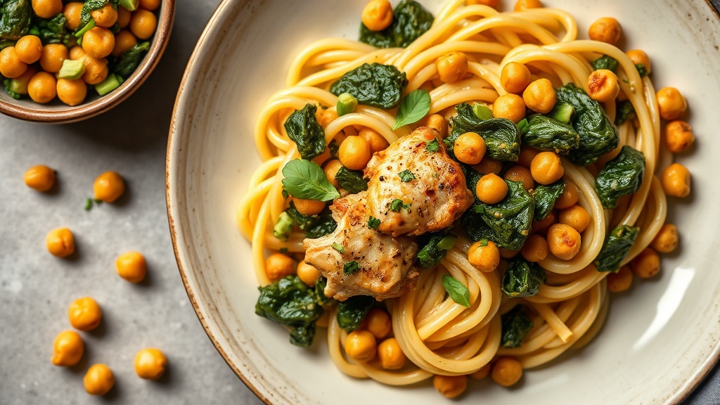 Garlic Chicken Pasta with Collard Greens and Chickpeas