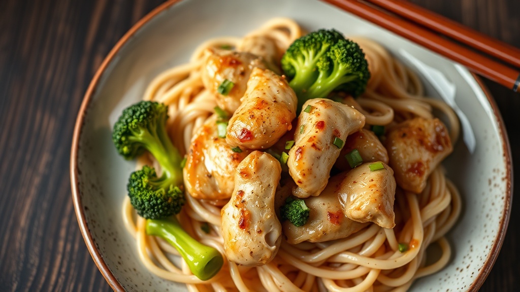Garlic Chicken with Broccoli and Rice Noodles