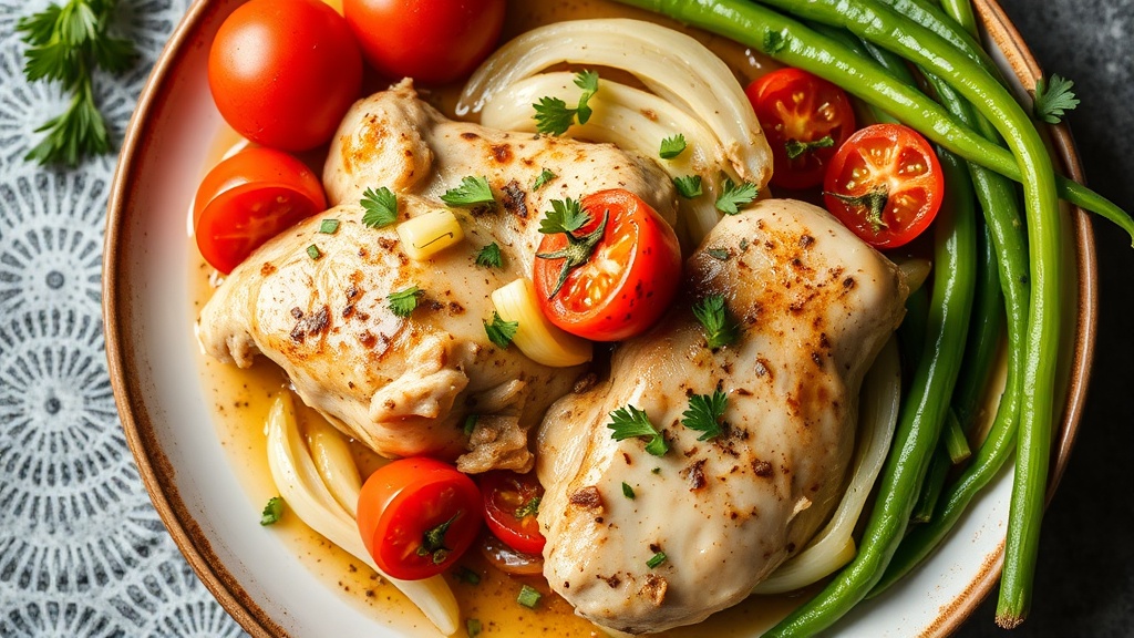 Garlic Chicken with Leeks, Tomatoes, and Green Peppers