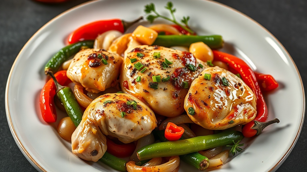 Garlic Chicken with Sautéed Peppers and Onions