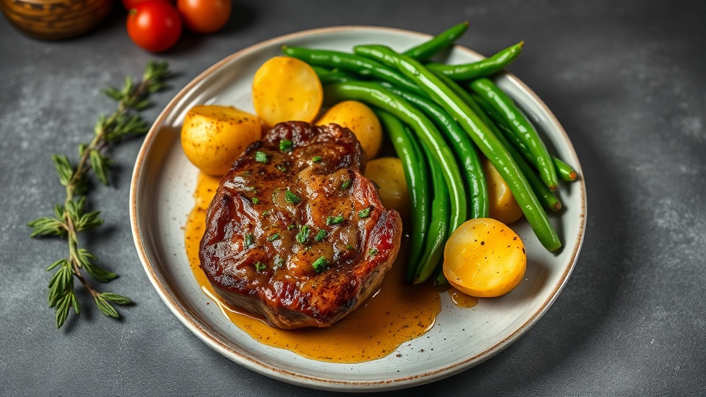 Garlic Honey Lamb Steaks with New Potatoes and Green Beans