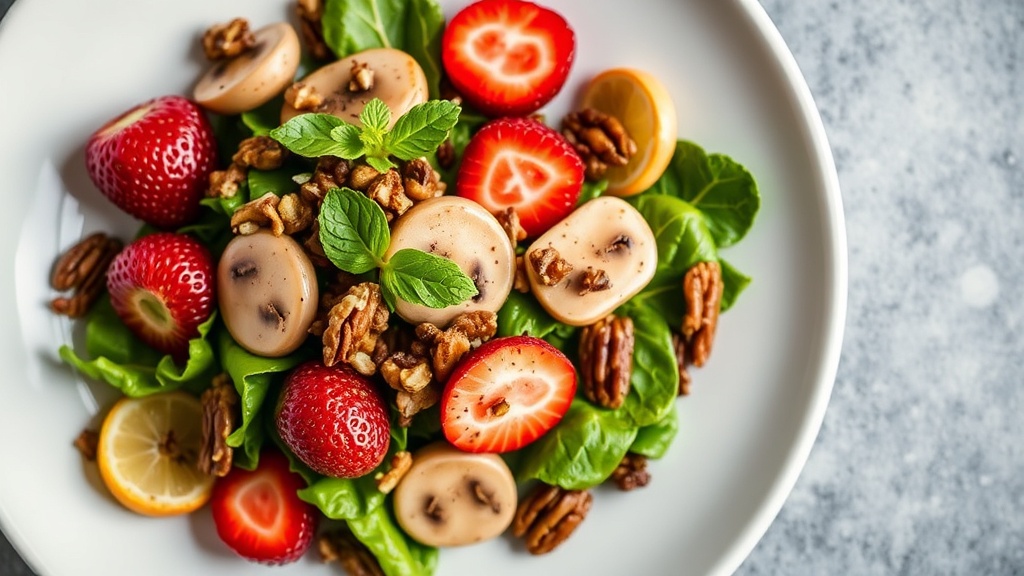 Garlic Lemon Mushroom Salad with Strawberries and Pecans