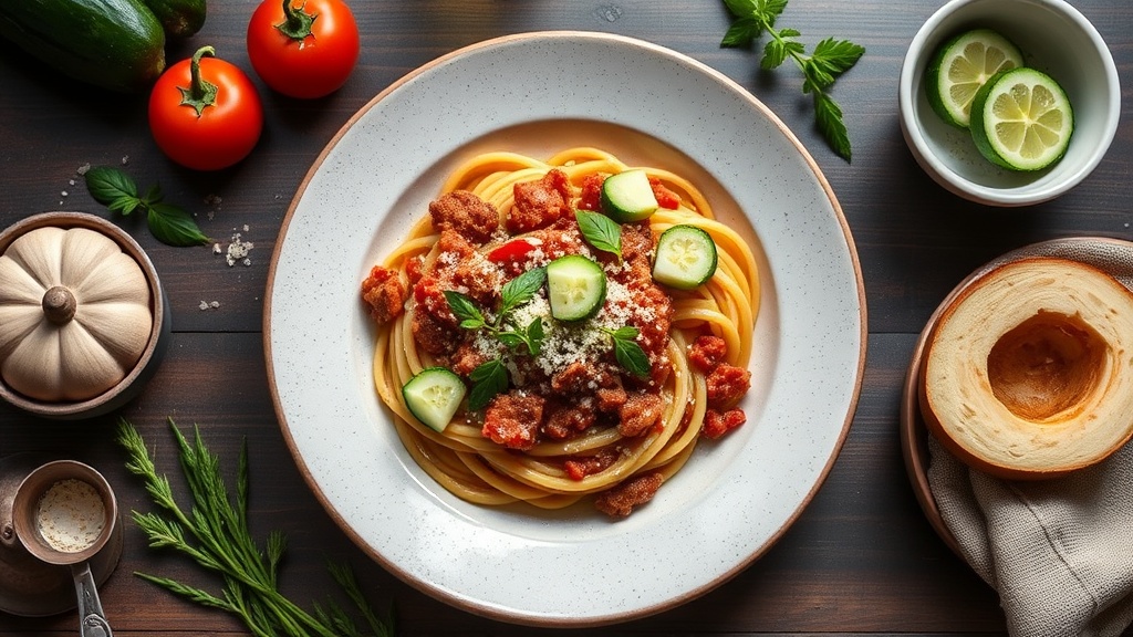 Garlic Parmesan Mince Pasta with Cucumber Salad