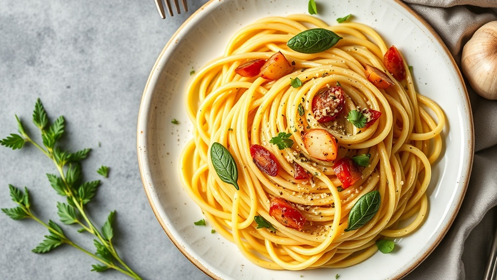Garlic Potato Spaghetti with Herb Oil