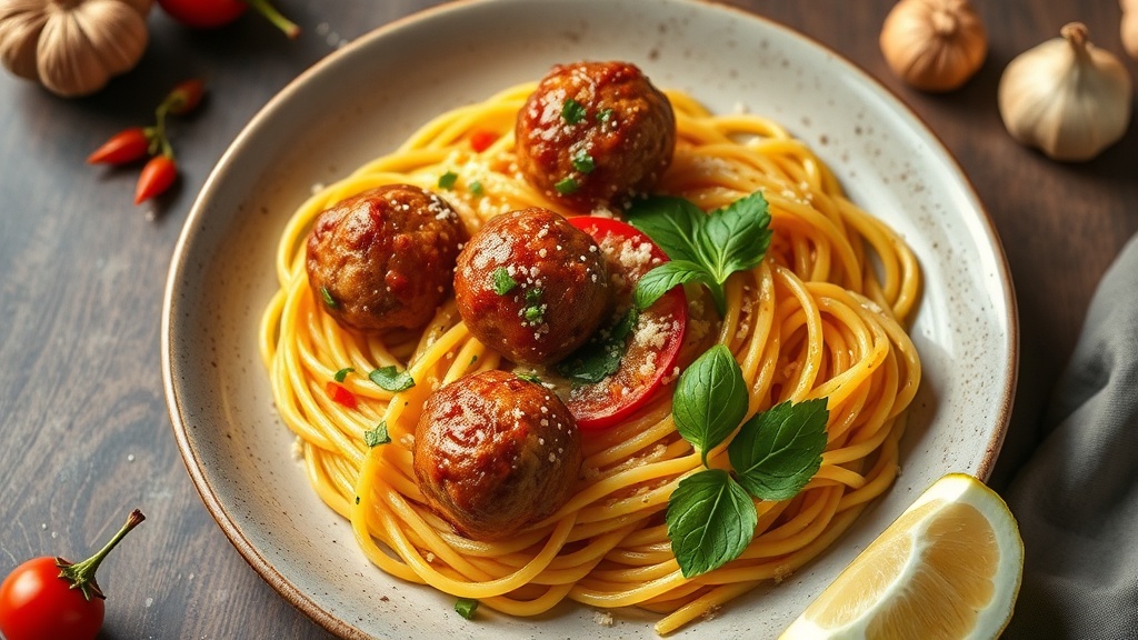 Ginger Garlic Meatballs with Spicy Pasta