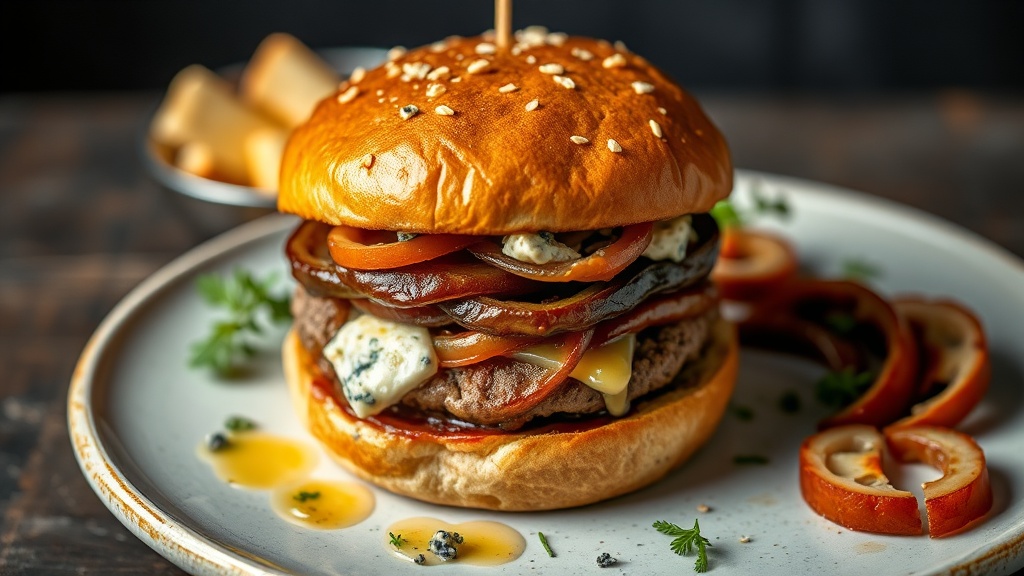 Gourmet Burger with Caramelized Onion and Blue Cheese