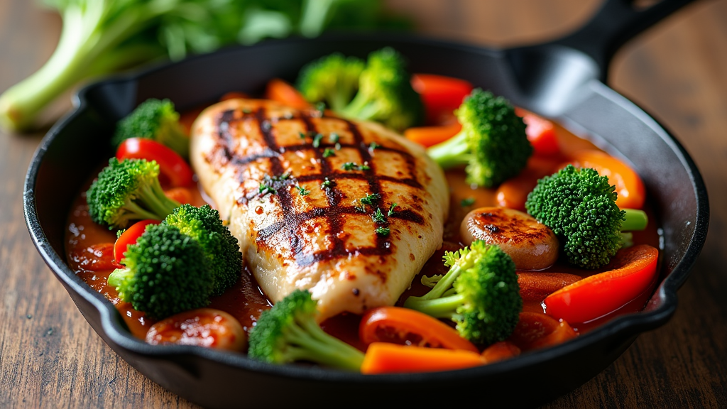 Grilled Chicken and Turkey Sausage Skillet with Broccoli and Peppers