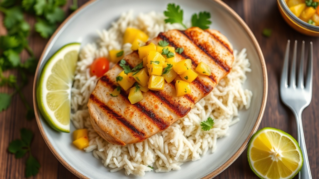 Grilled Chicken Breast with Mango Salsa and Cilantro Lime Rice