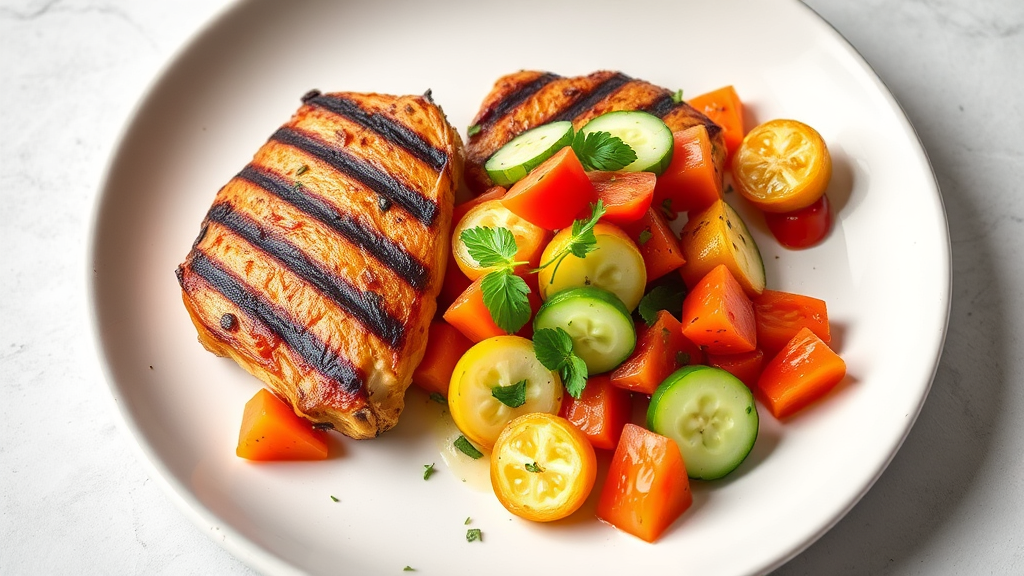 Grilled Chicken with Sweet Potato and Cucumber-Tomato Salad