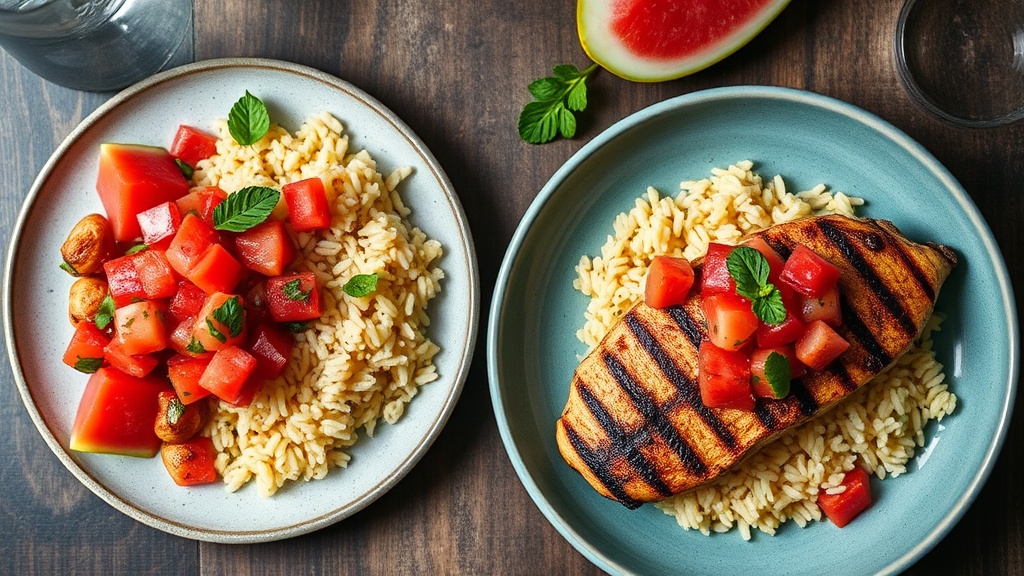 Grilled Chicken with Watermelon Salsa and Cheesy Rice