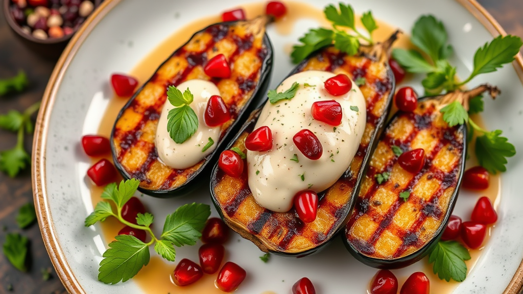 Grilled Eggplant with Tahini Sauce and Pomegranate Seeds
