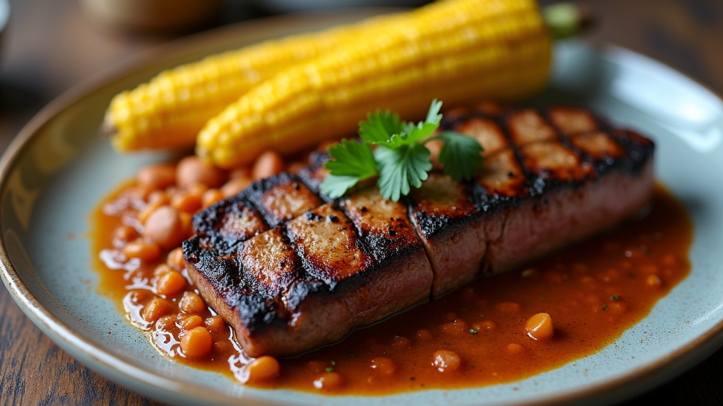 Grilled Filet Mignon with Street Corn and Spicy Refried Beans