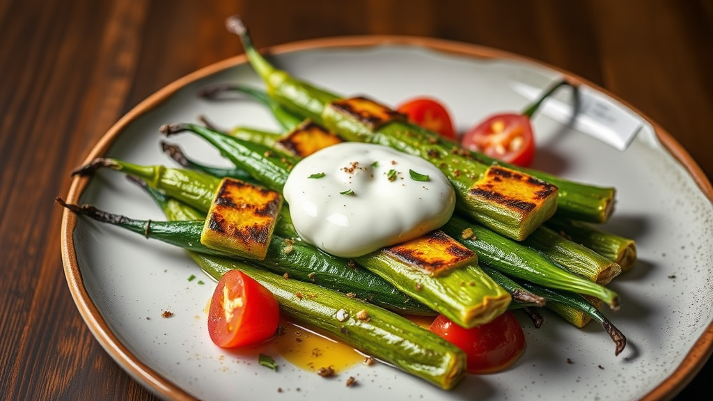 Grilled Okra with Spiced Yogurt Sauce