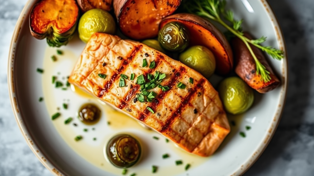 Grilled Salmon with Roasted Brussels Sprouts and Sweet Potato