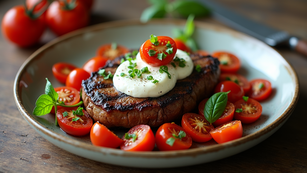 Grilled Steak with Burrata and Roasted Tomatoes