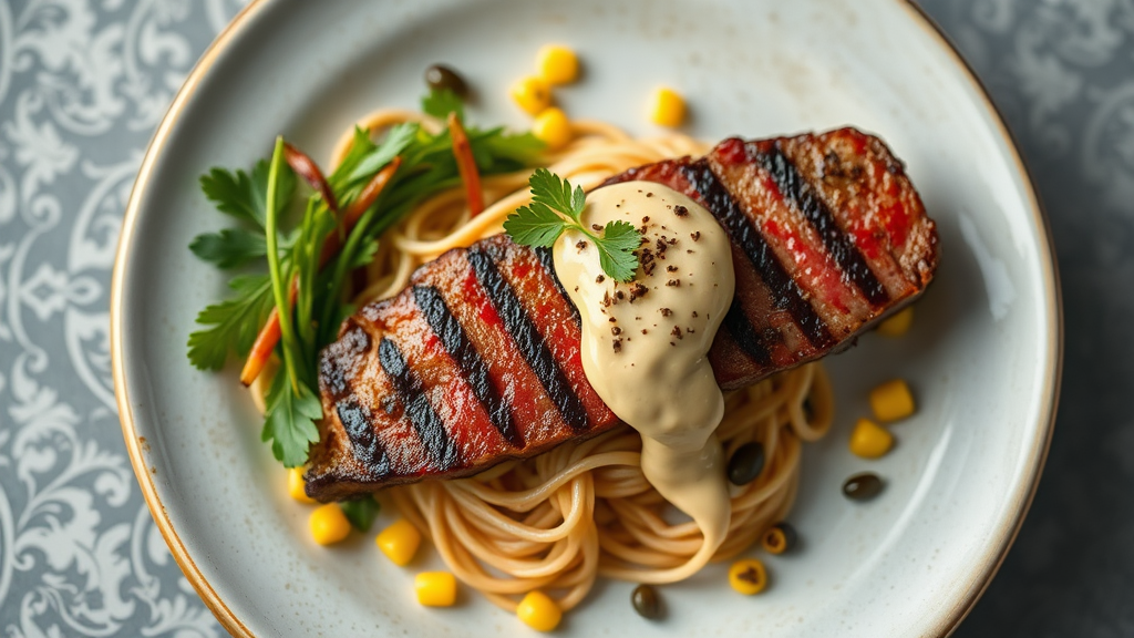 Grilled Steak with Corn Ramen Salad and Olive Mayo