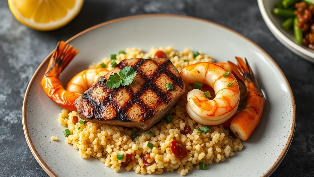 Grilled Tuna Steak and Garlic Shrimp with Lemon Herb Quinoa