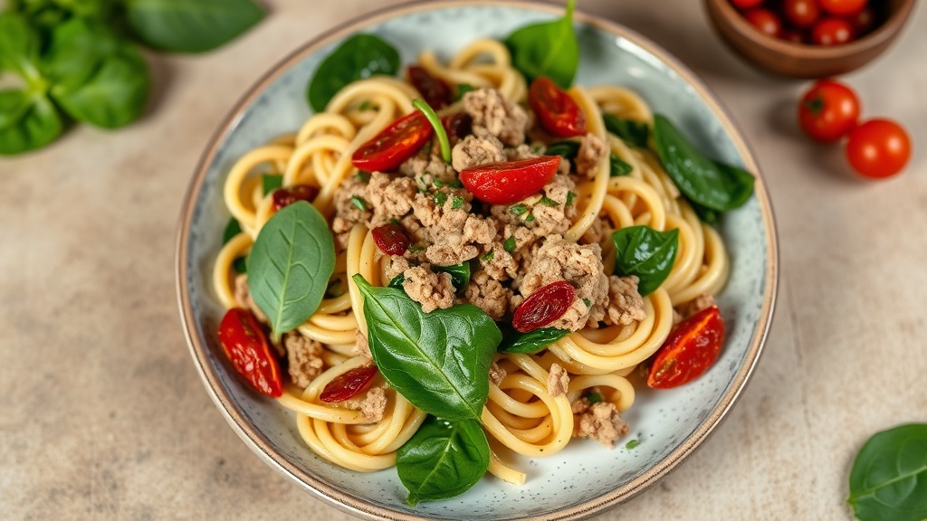 Ground Turkey Pasta with Spinach and Sun-Dried Tomatoes