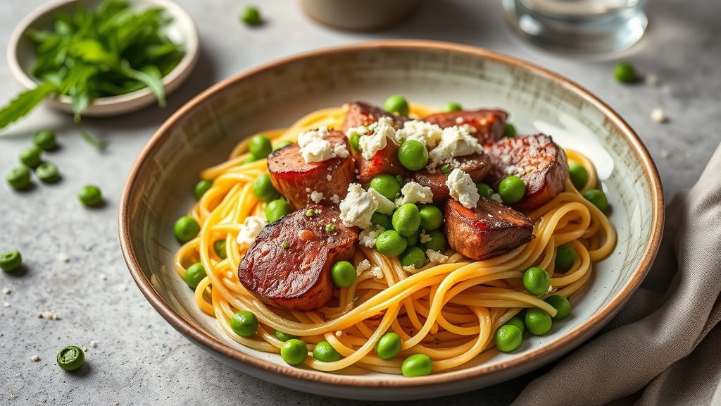 Ham Steak Spaghetti with Feta and Peas