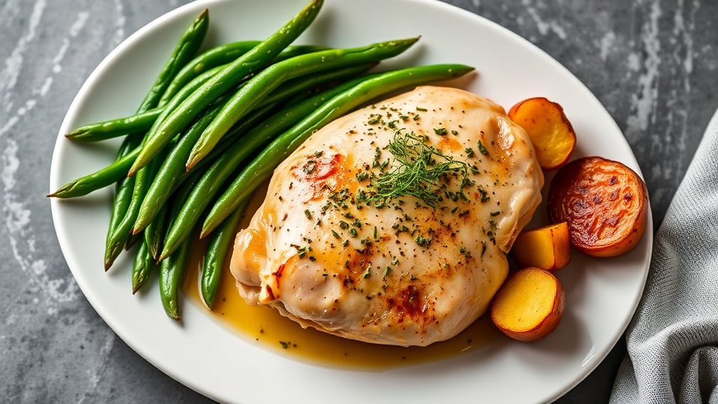 Herb-Butter Chicken with Garlic Green Beans and Roasted Potatoes