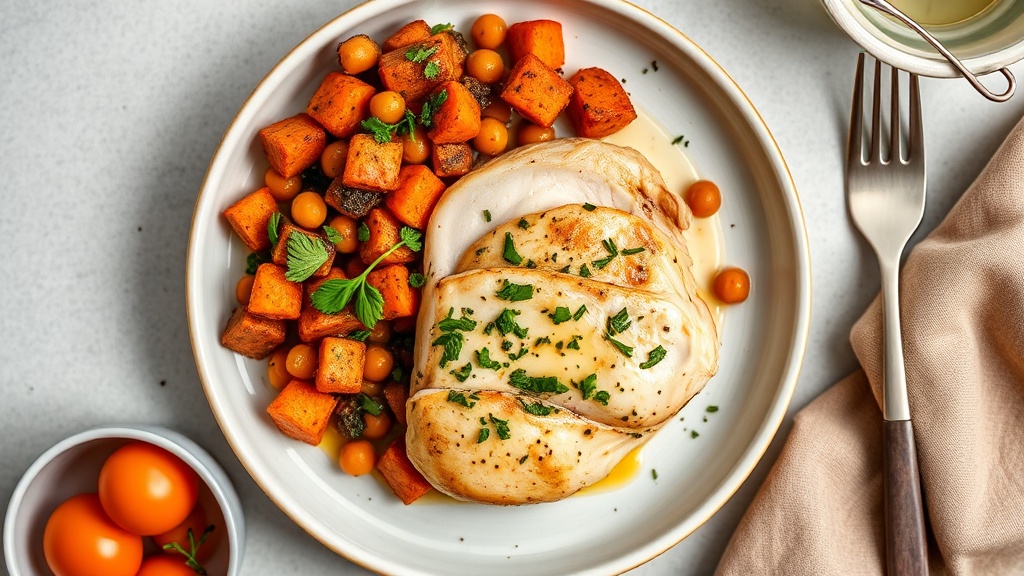 Herb-Butter Chicken with Sweet Potato and Chickpea Medley