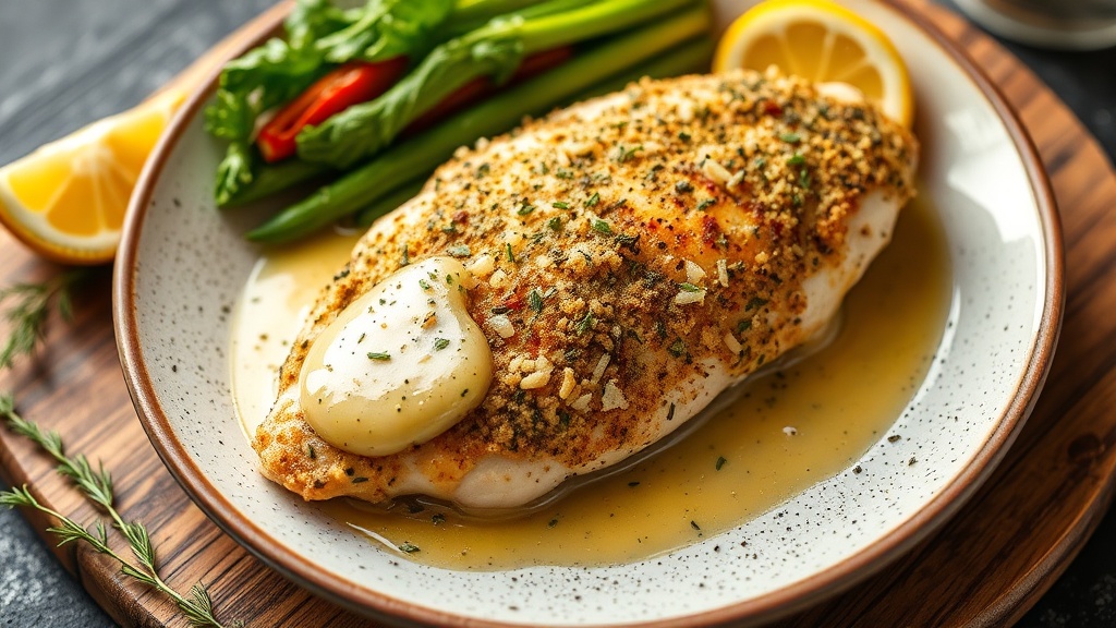 Herb-Crusted Baked Chicken Breast with Lemon Garlic Sauce