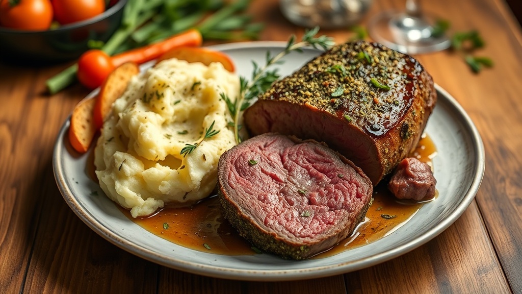 Herb-Crusted Beef Roast with Garlic Mashed Potatoes