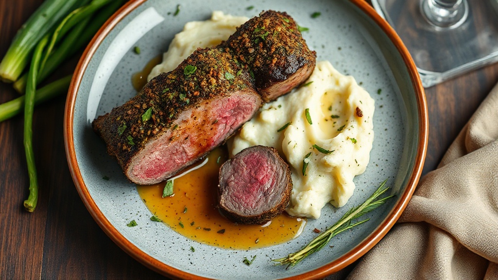 Herb-Crusted Beef Tenderloin with Garlic Mashed Potatoes